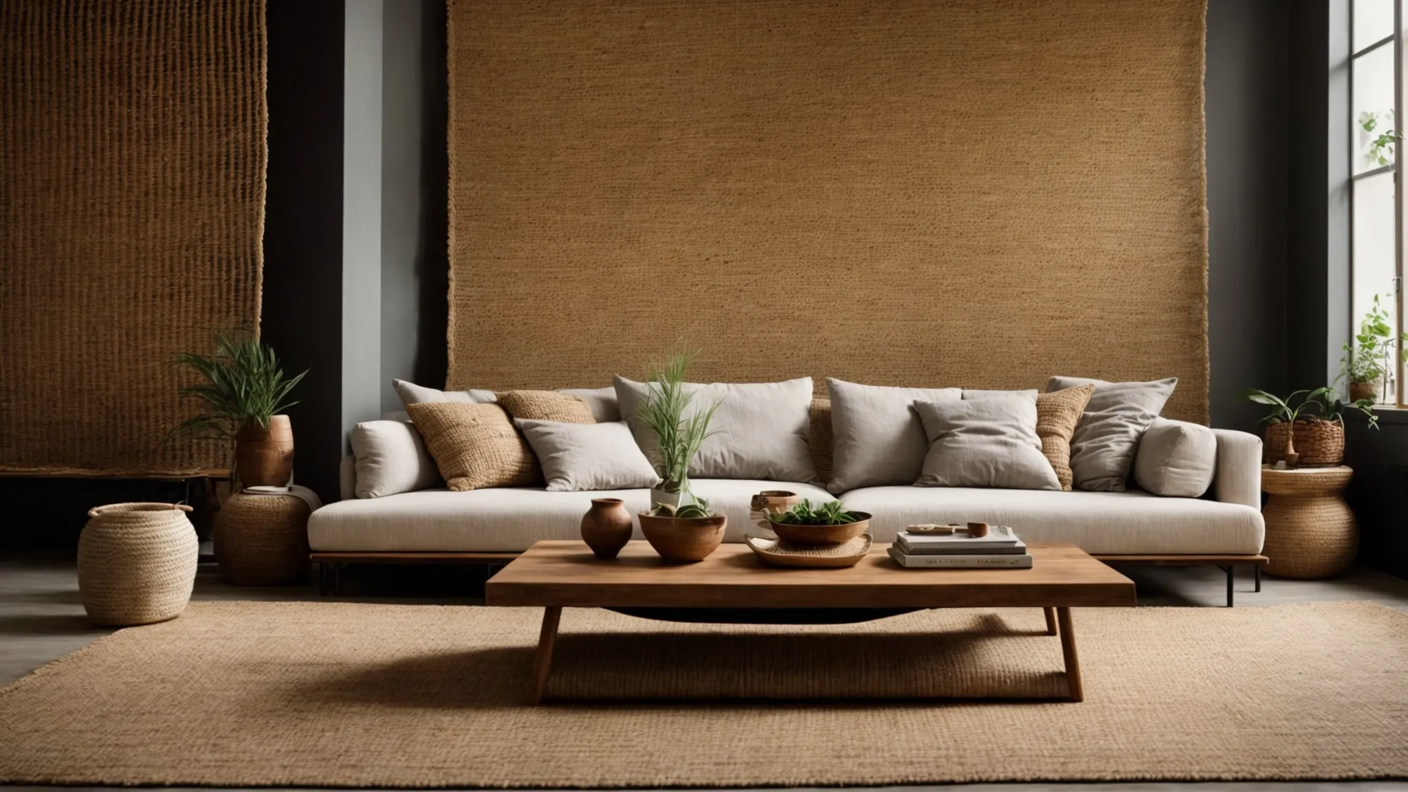 a living room featuring a steel-framed couch with organic cotton cushions, handwoven jute rugs on the floor, and natural straw panels on the walls.