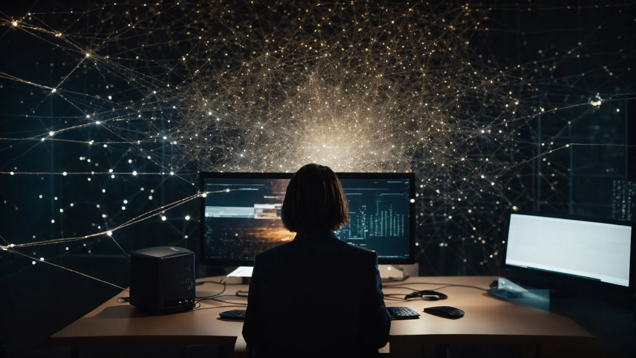 a professional sitting in front of a computer, analyzing a complex web of connected dots on the screen, symbolizing a digital link network.