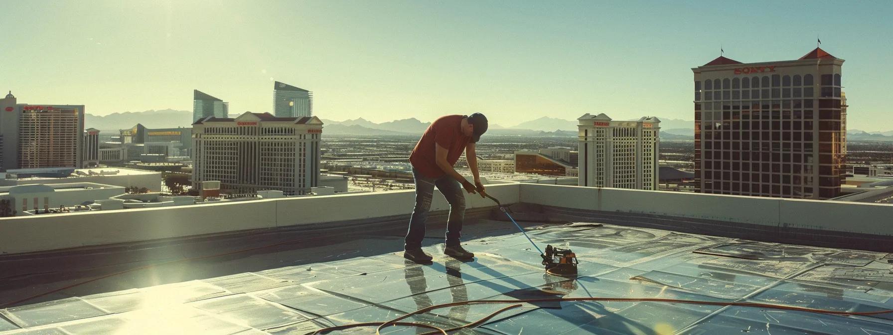 a dynamic urban rooftop in las vegas showcases a skilled technician at work, meticulously repairing a sleek, modern roof under the bright desert sun, emphasizing the importance of expert craftsmanship and quality materials. a dynamic urban rooftop in las vegas showcases a skilled technician at work, meticulously repairing a sleek, modern roof under the bright desert sun, emphasizing the importance of expert craftsmanship and quality materials.