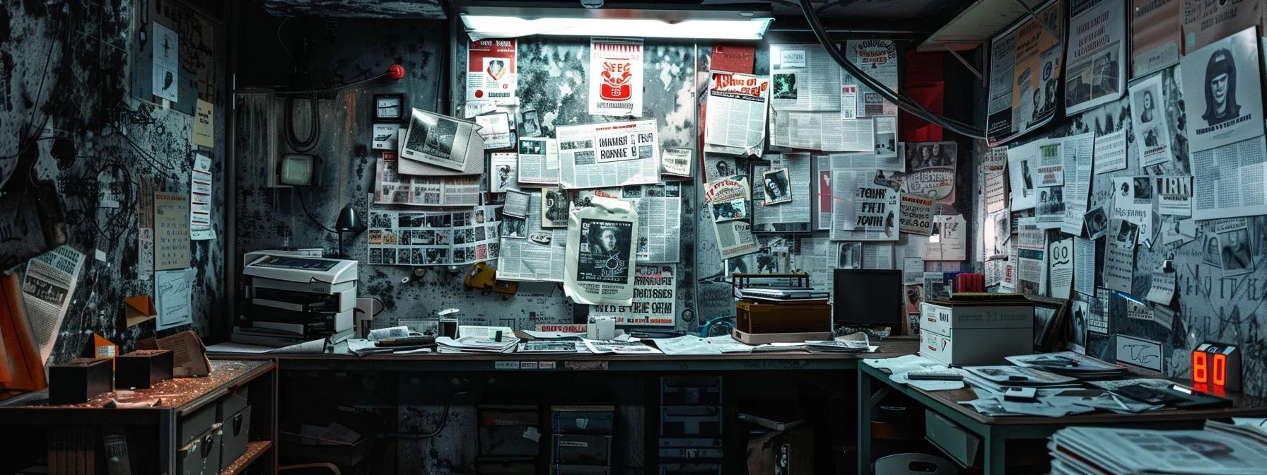 a stark, dimly lit office filled with chaotic newspaper clippings, redacted documents, and eerie propaganda posters, visually conveying the manipulation of truth in wartime narratives. a stark, dimly lit office filled with chaotic newspaper clippings, redacted documents, and eerie propaganda posters, visually conveying the manipulation of truth in wartime narratives.