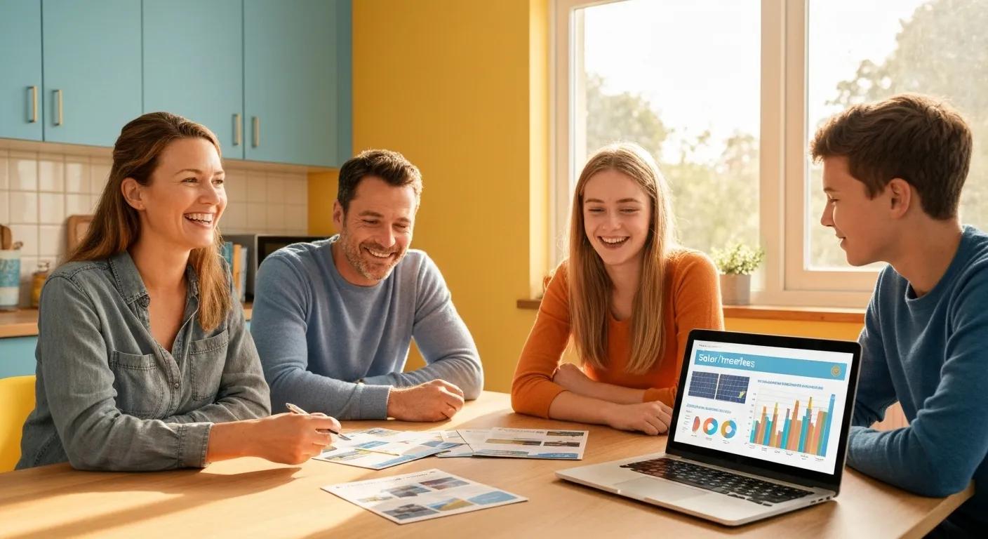 Family discussing solar energy options at home with brochures and a laptop, highlighting solar incentives