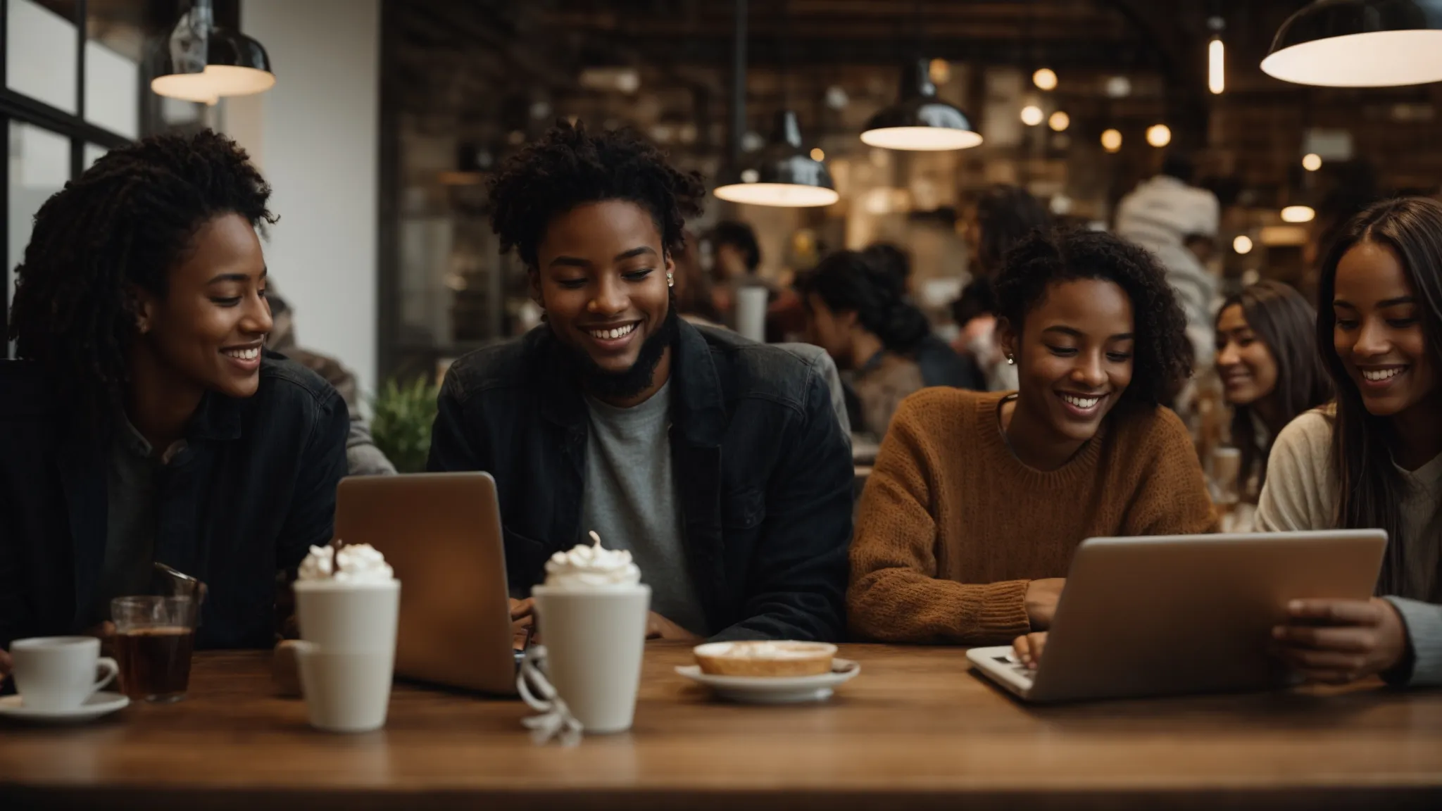 a group of smiling people gathered around a table in a café, each person browsing on their own laptop or smartphone.