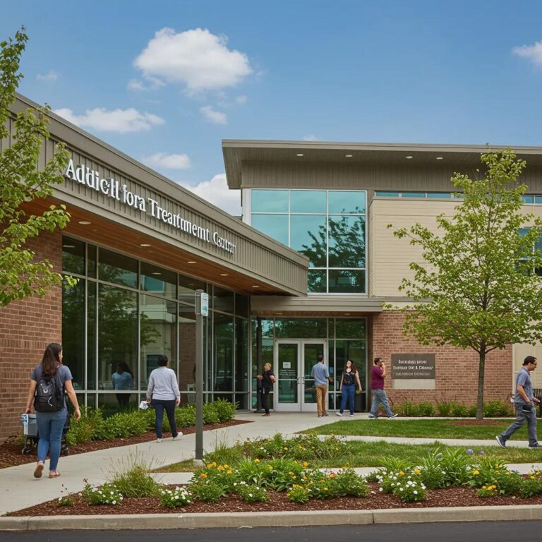 Modern addiction treatment center entrance with greenery and people interacting, symbolizing hope and recovery