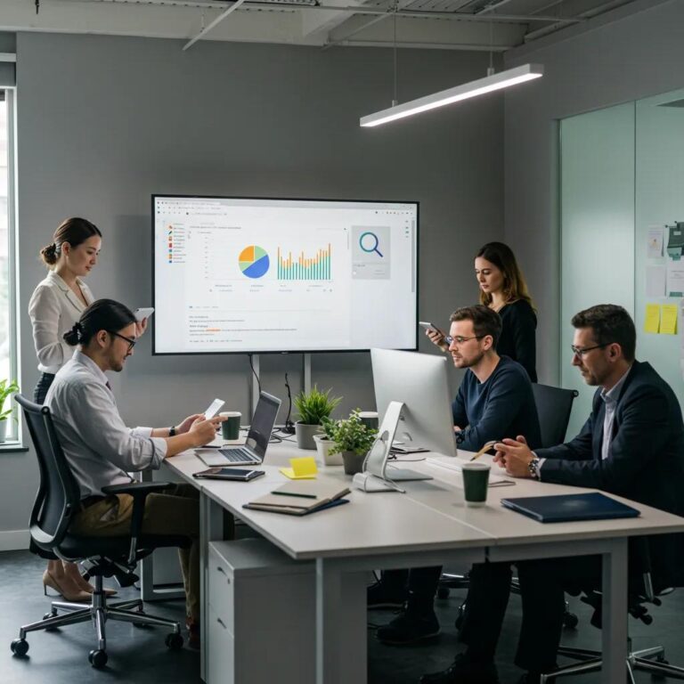 Diverse professionals collaborating in a modern office, emphasizing enterprise search technology and teamwork