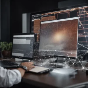 a digital marketer presents a strategy plan on a computer screen, showing an intricate web of connections.
