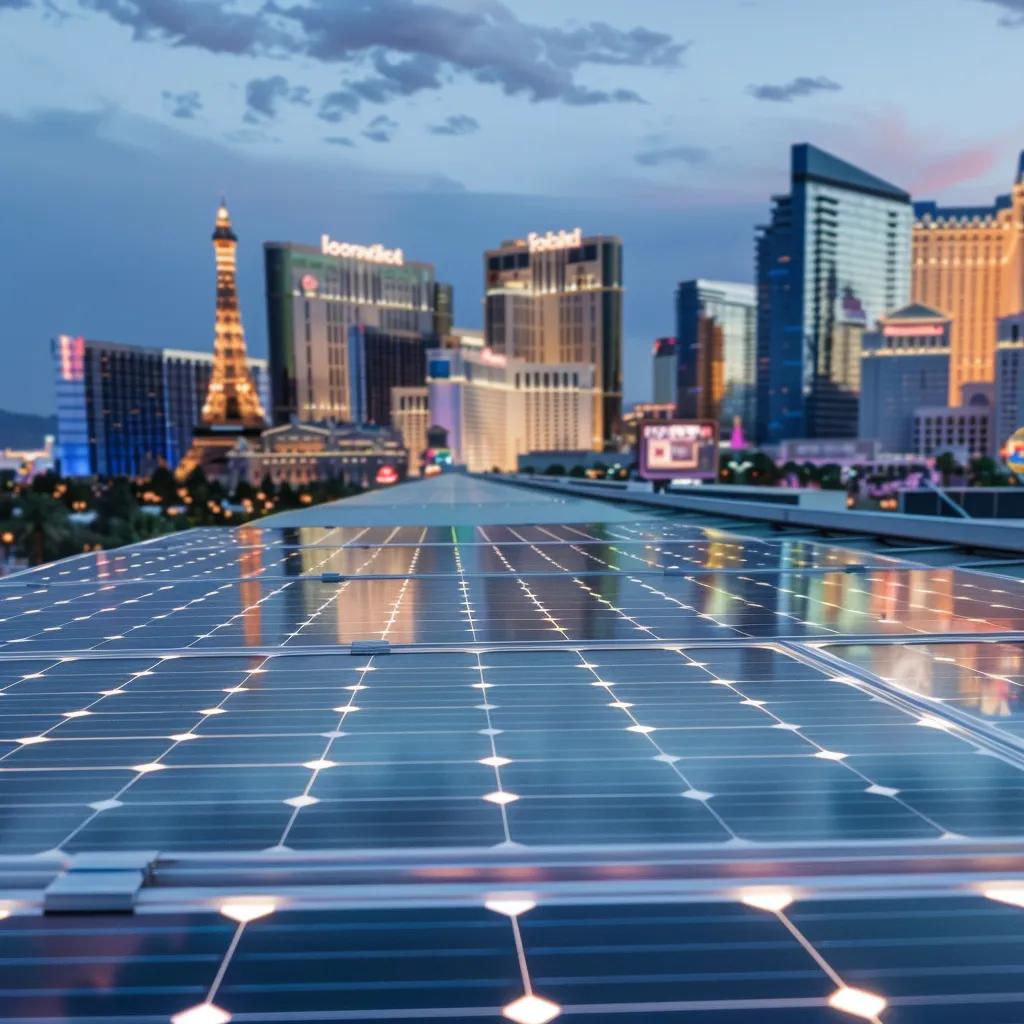 Solar panels on a roof with Las Vegas skyline, symbolizing tax savings