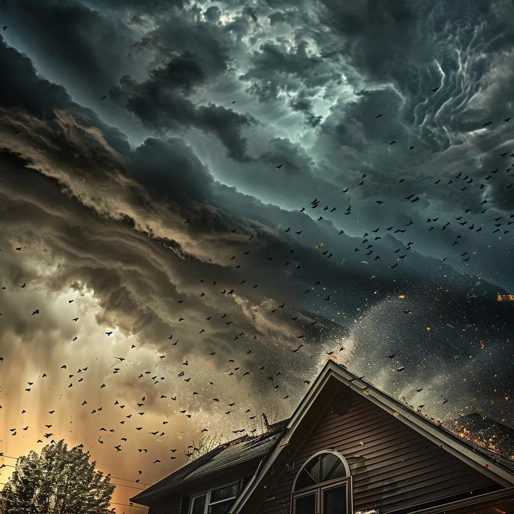 Dramatic stormy sky over a residential roof, illustrating weather conditions causing emergency roof damage