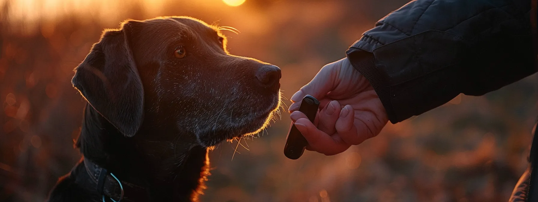 a person clicking a pet training clicker to mark a desired behavior in a dog.