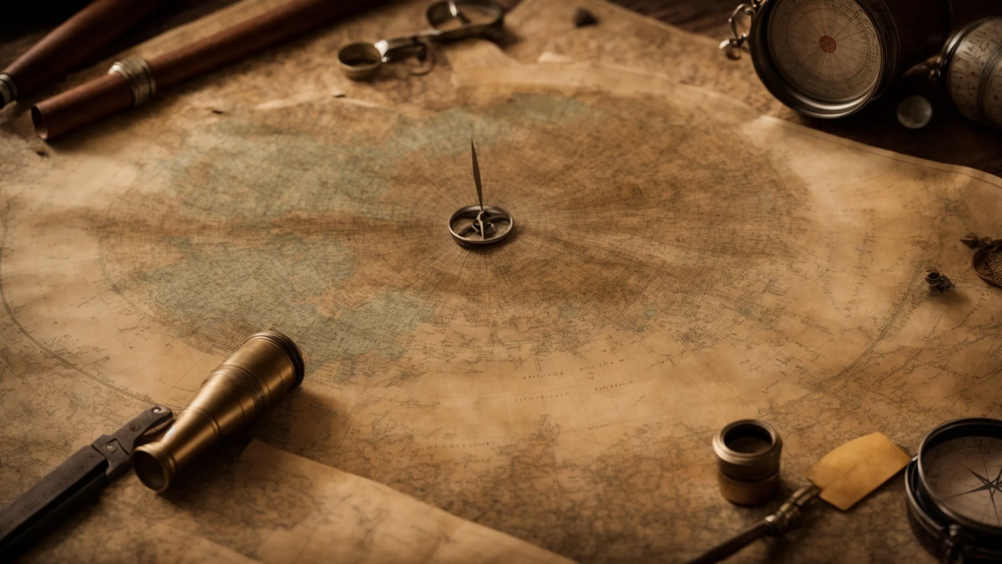 a weathered, age-old map sprawled open with compass and ancient tools, embodying the essence of exploration and discovery.