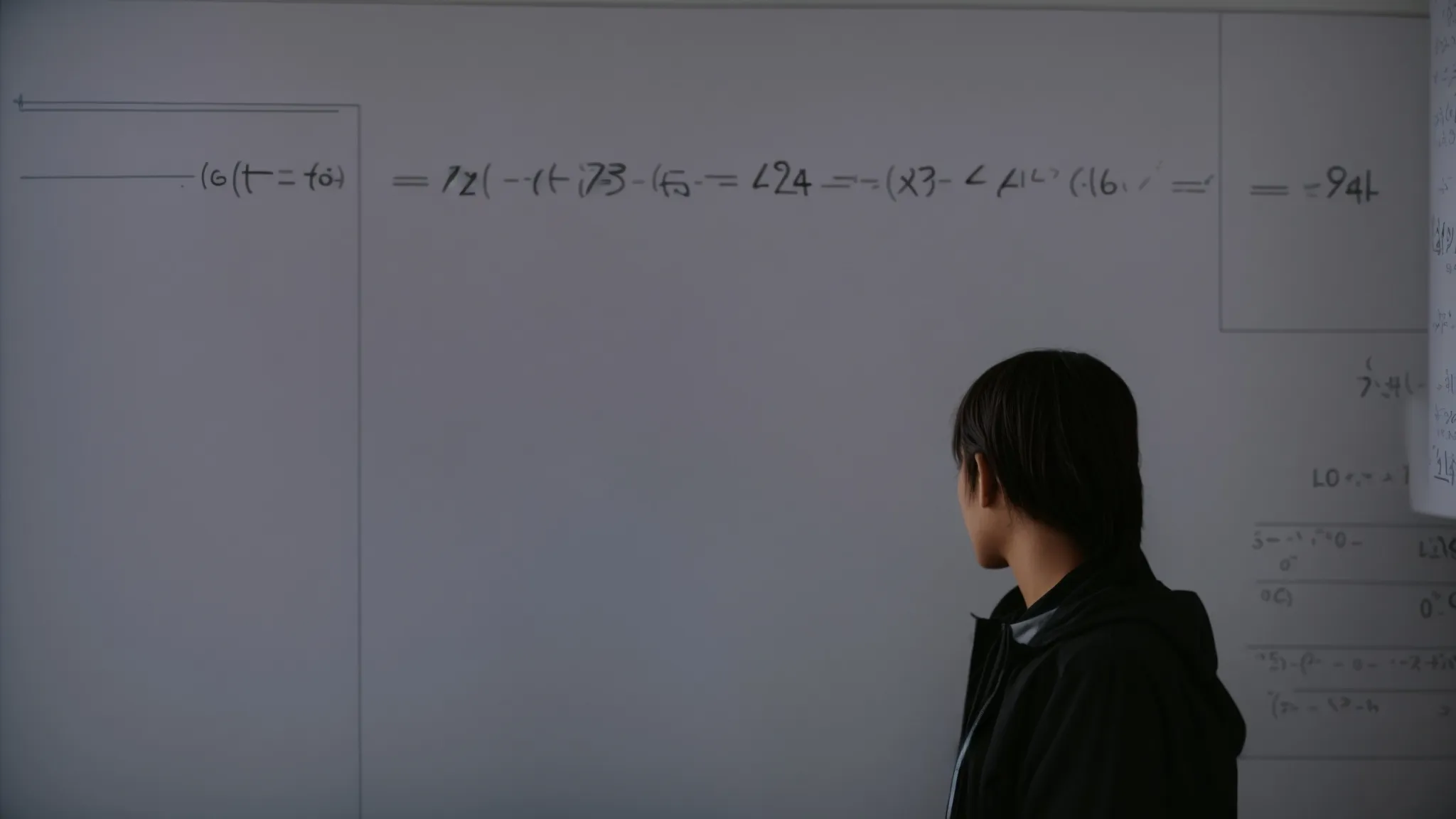 a student standing in front of a whiteboard, solving linear equations with fractions written in chalk. 