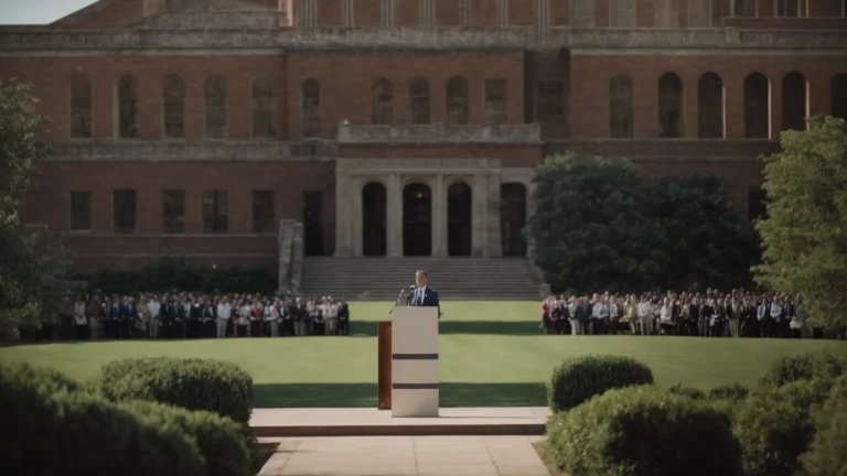 a political leader stands behind a podium, addressing an audience with a university campus in the background.