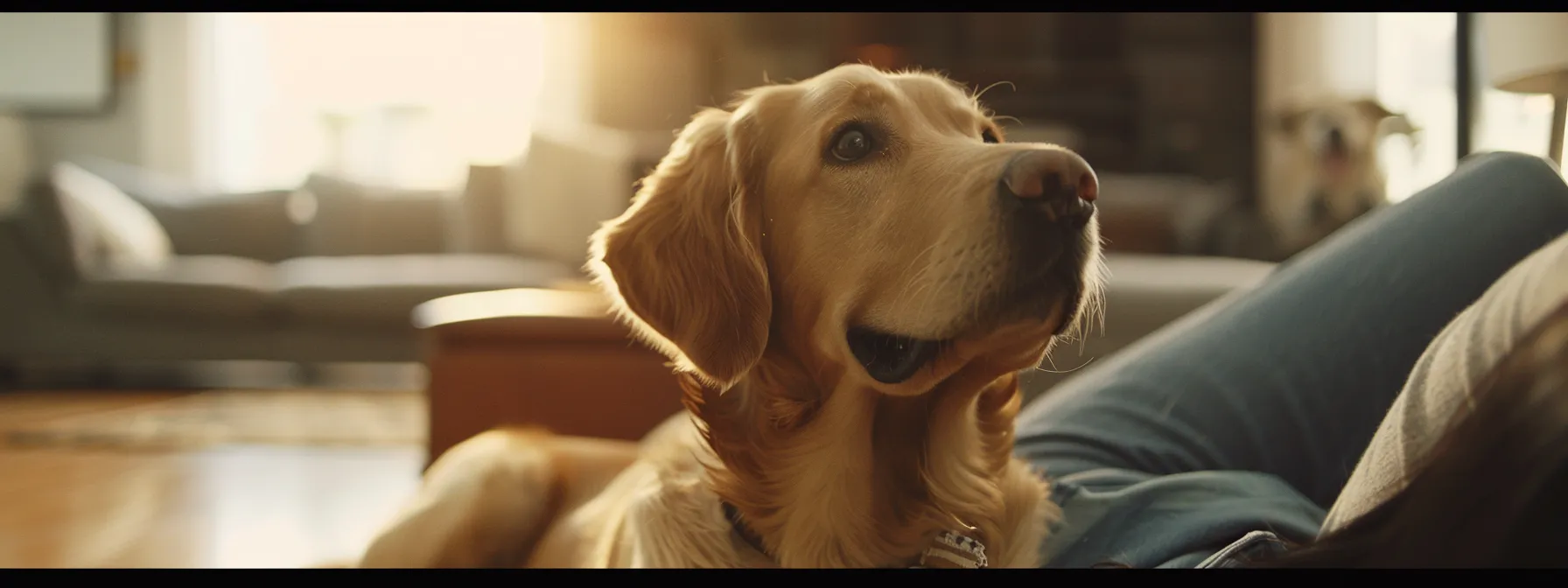 a person using a voice command gadget while their dog attentively listens and obeys.