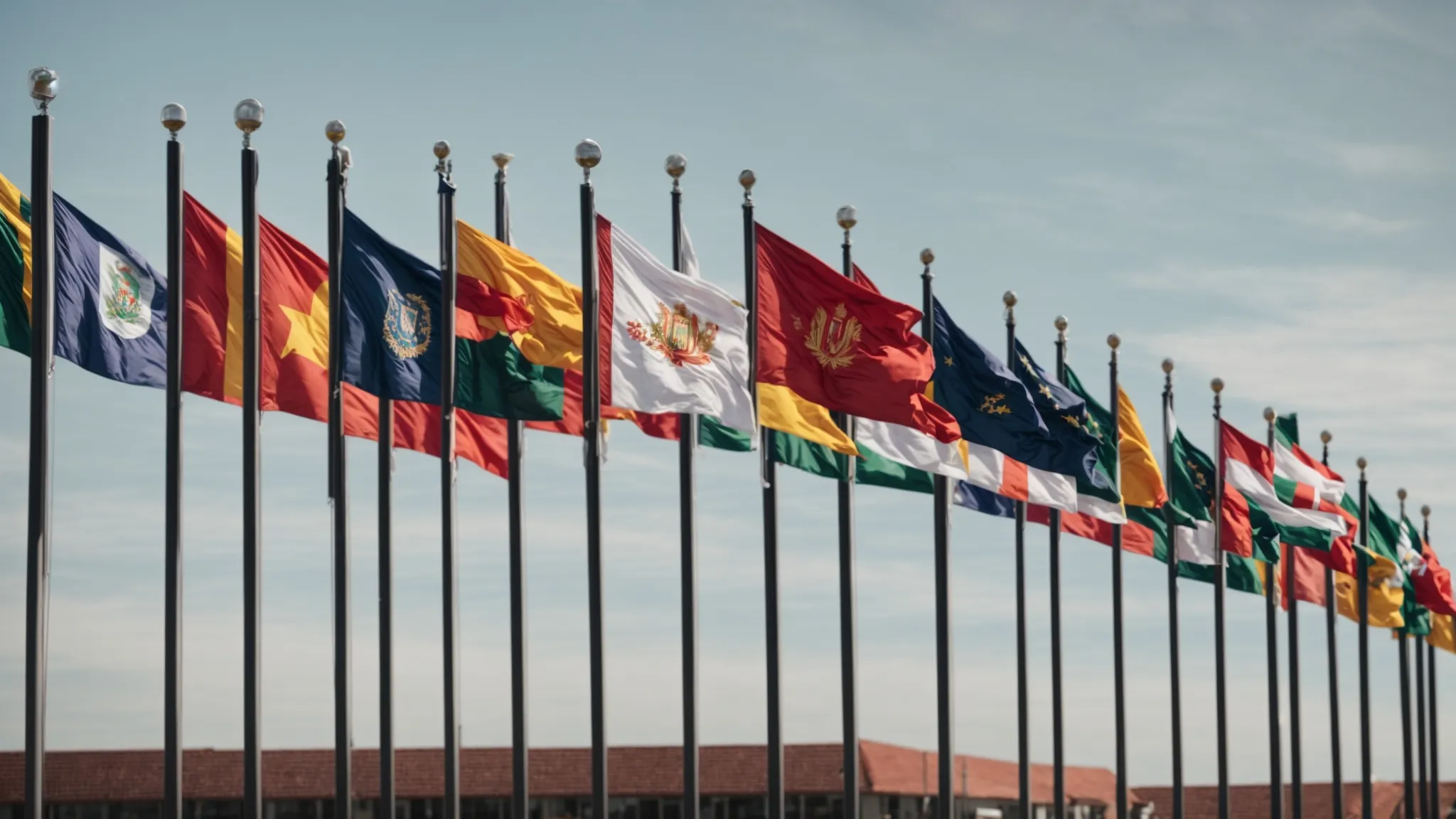 a row of diverse university flags waving against a clear sky, symbolizing the varied educational backgrounds of influential political leaders.