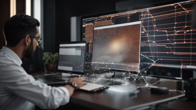 a digital marketer presents a strategy plan on a computer screen, showing an intricate web of connections.
