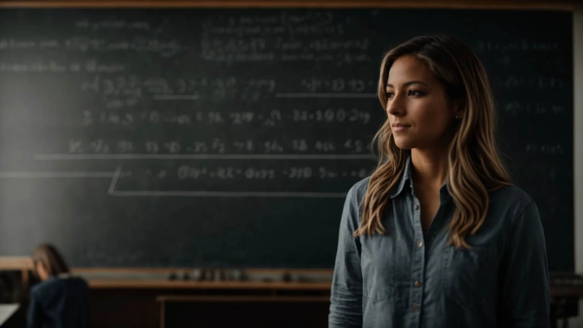 a teacher stands in front of a blackboard with chalk-drawn diagrams showing various simple algebraic equations related to measuring lengths.