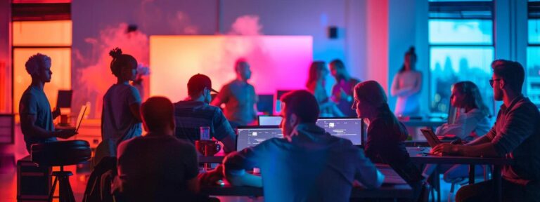 a vibrant, modern workspace filled with cutting-edge technology, showcasing a diverse group of creative professionals collaboratively brainstorming innovative ideas, illuminated by dynamic led lighting that reflects a futuristic atmosphere.