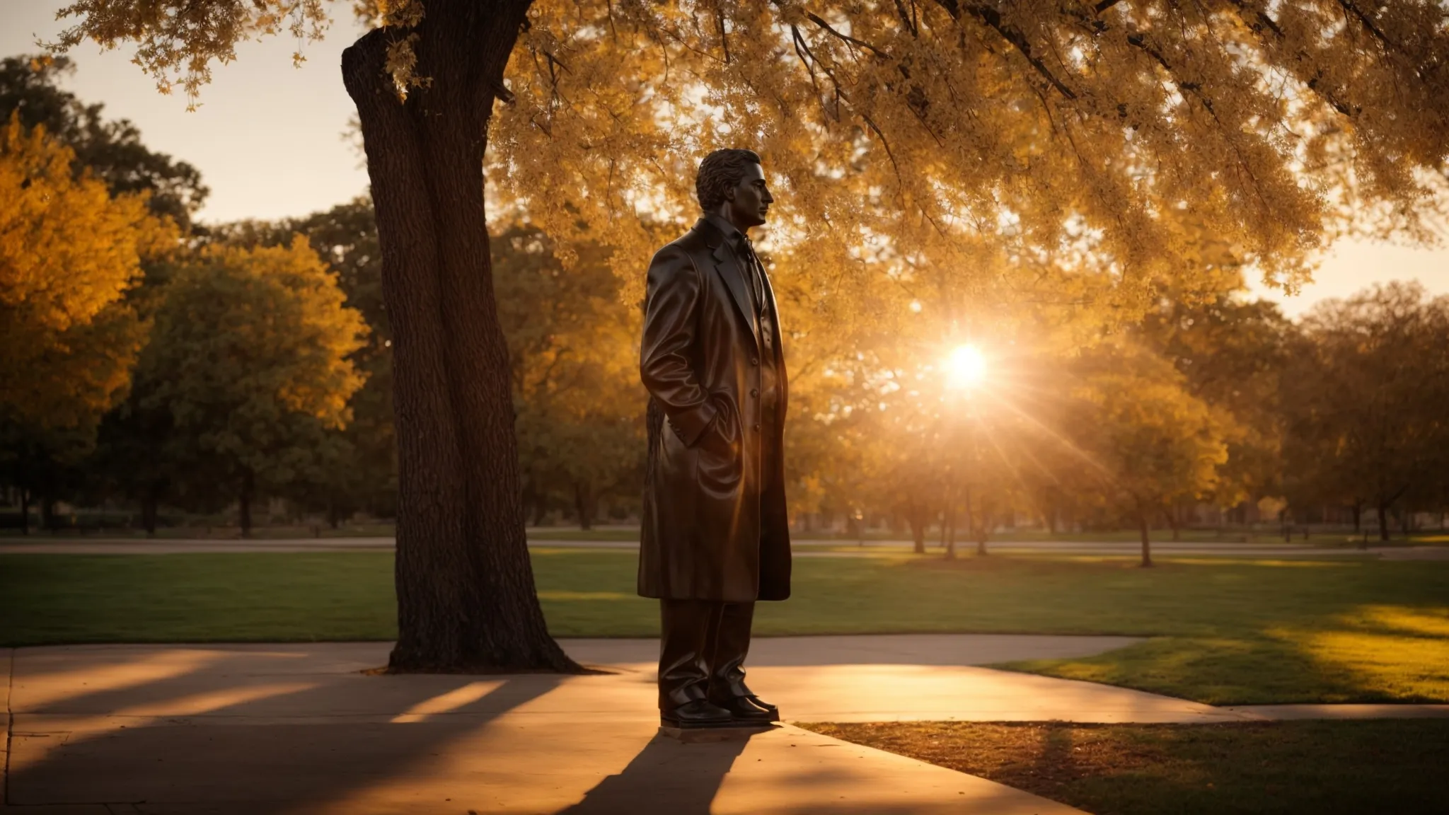 a statue of a renowned scientist stands majestically in a park, casting a long shadow at sunset, symbolizing the enduring legacy and impact of great minds on society.