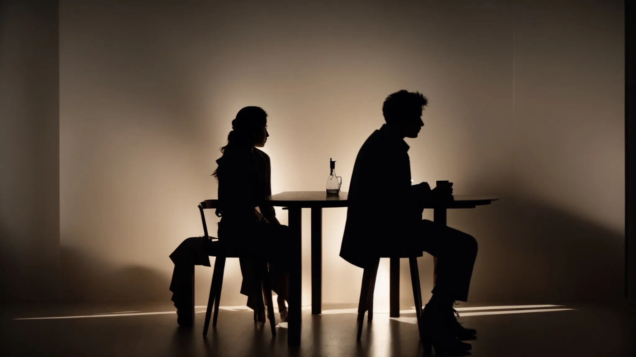 two silhouetted figures stand facing each other across a small table, intensely engaged in a fervent discussion under a stark spotlight, with shadows stretching behind them.