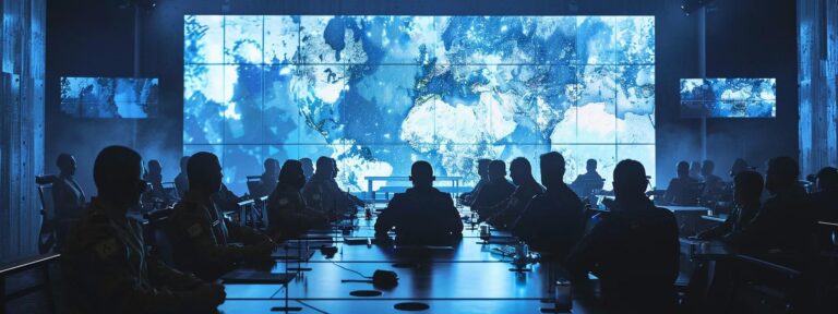 a stark, dimly-lit conference room filled with tense military strategists reviewing a large digital map projected onto a screen, reflecting the complex narratives and illusions of victory in modern warfare.