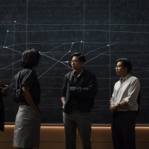 several mathematicians gather around a large chalkboard covered in graphs and nodes connected by lines.