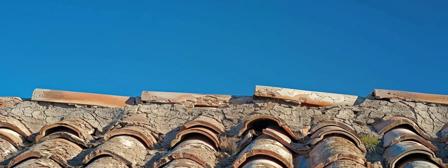 a stark, close-up view of a weathered las vegas roof, showcasing cracked tiles and missing shingles against the backdrop of a clear blue sky, emphasizing the structural vulnerabilities caused by harsh desert conditions. a stark, close-up view of a weathered las vegas roof, showcasing cracked tiles and missing shingles against the backdrop of a clear blue sky, emphasizing the structural vulnerabilities caused by harsh desert conditions.