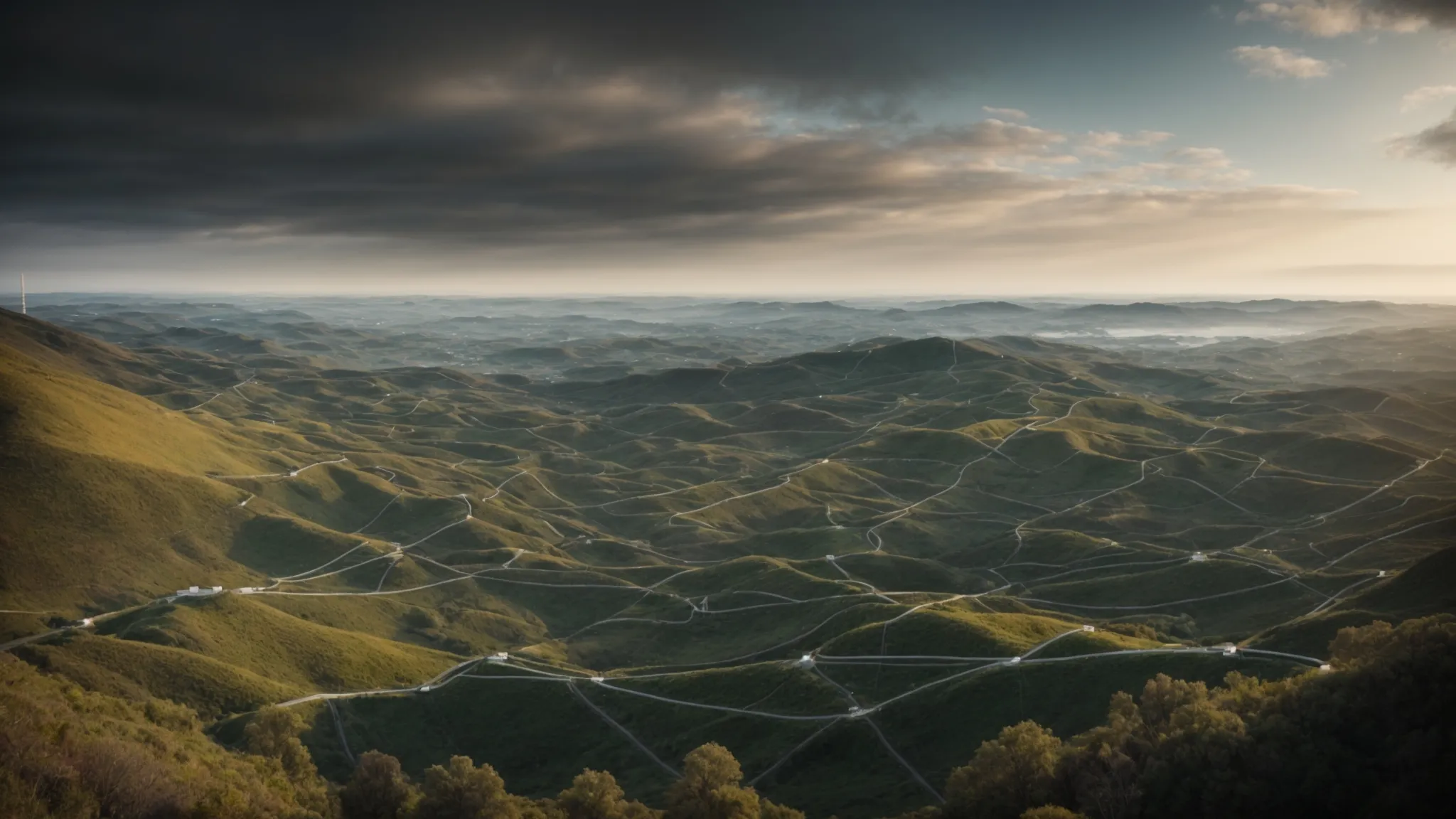 a panoramic view of interconnected nodes across a digital landscape, illustrating a vast network.