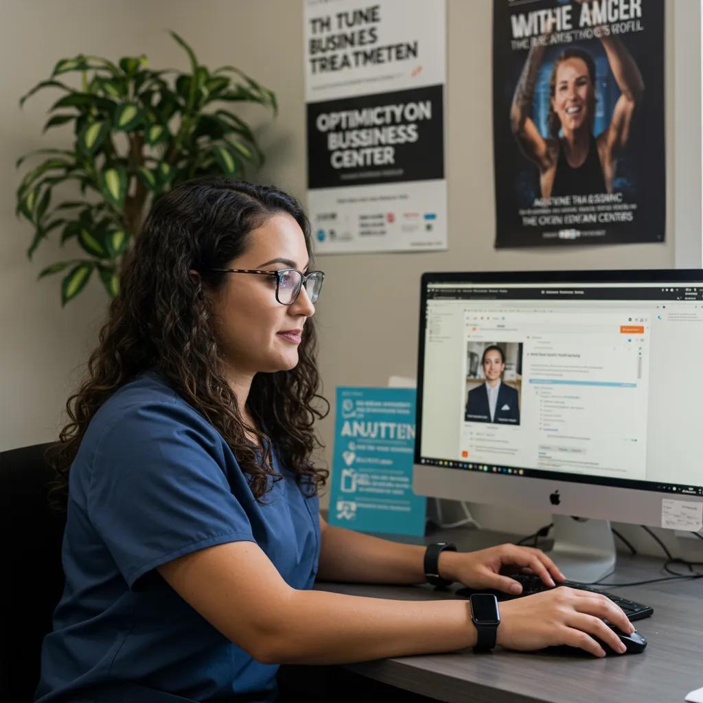 Healthcare professional optimizing Google Business Profile in a bright office, highlighting online presence for addiction treatment