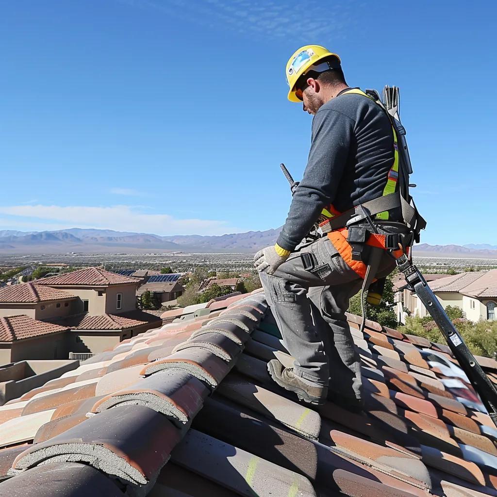 Professional roofer inspecting a residential roof in Las Vegas, highlighting emergency roof repair services