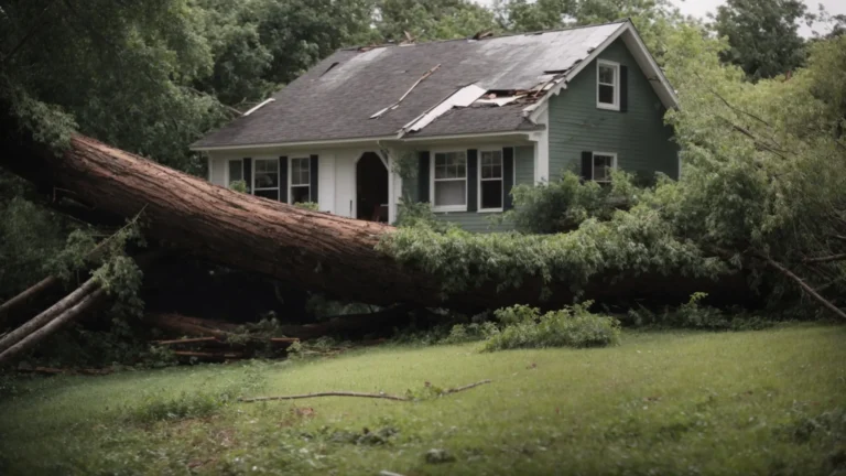 a large fallen tree rests perilously close to a damaged house following a severe storm.