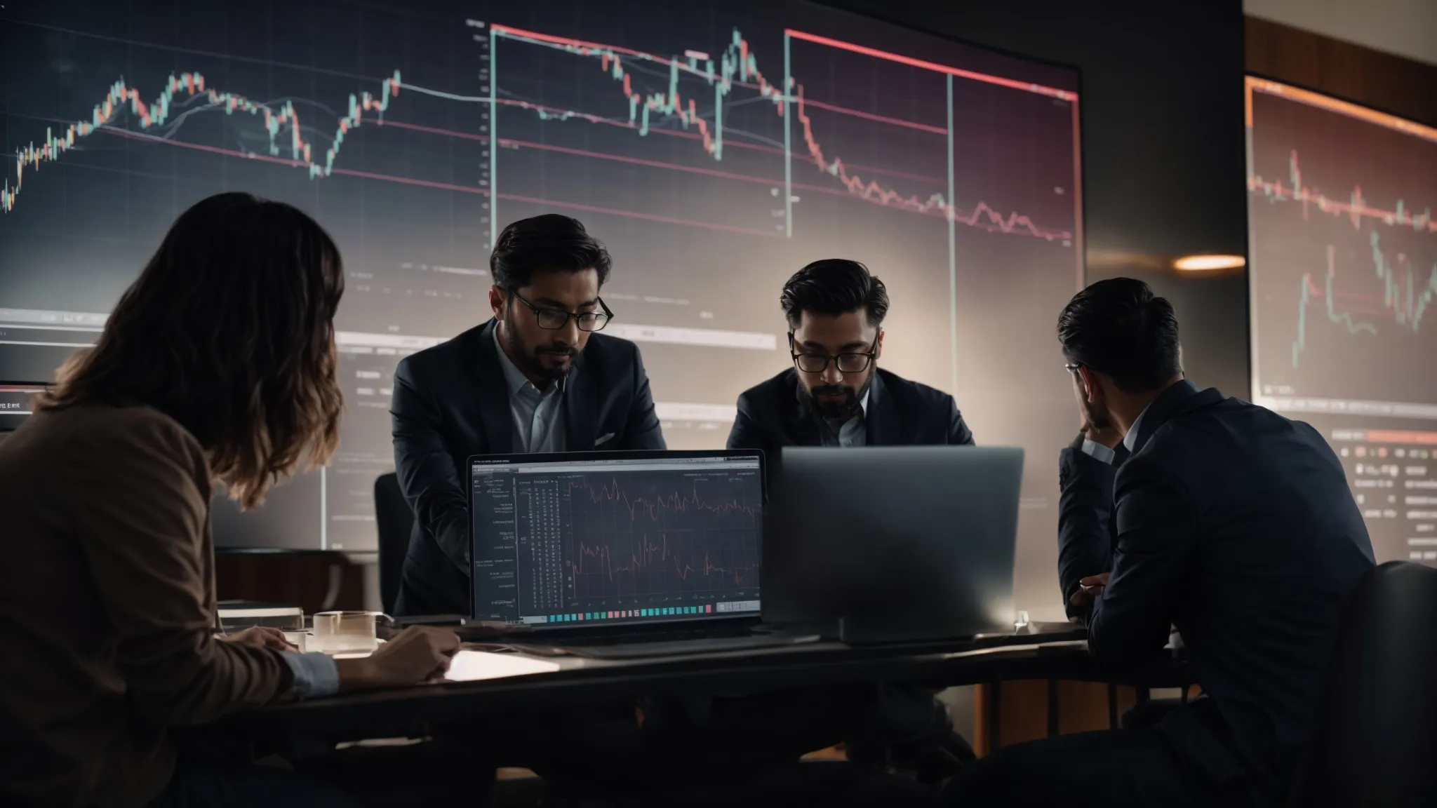 a digital marketing team analyzes data charts on a computer screen, strategizing their next move in link building.