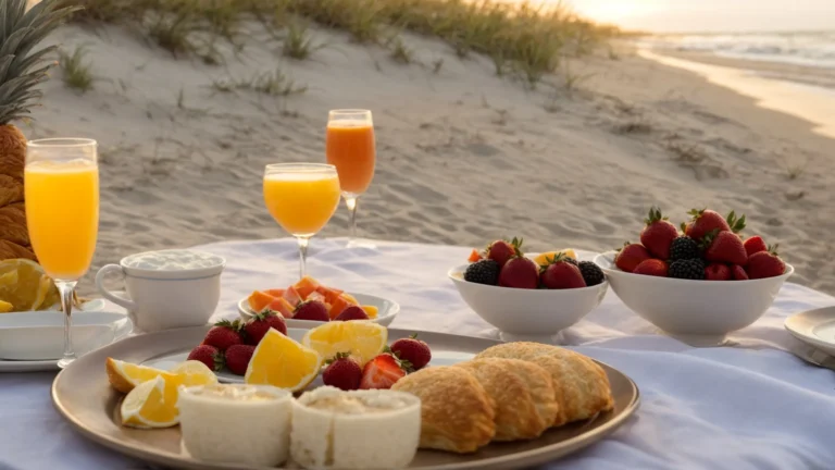 a table set with fresh fruit, pastries, and mimosas overlooks the tranquil myrtle beach shoreline as the morning sun rises.