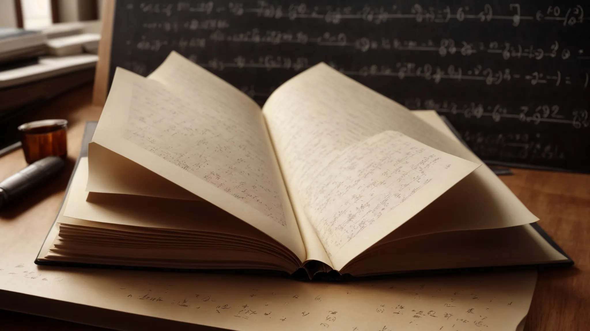 a vast, open book displaying algebraic equations and geometric shapes on its pages, resting on a desk beside a chalkboard filled with mathematical formulas.