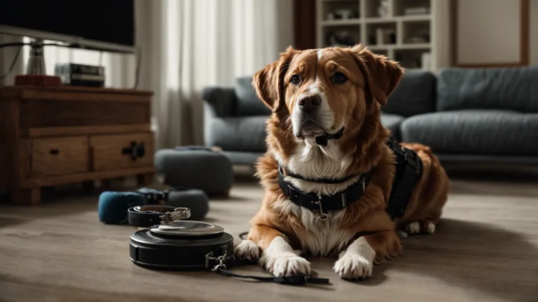 a pet wearing a training collar sits attentively in a living room, surrounded by various training gadgets.