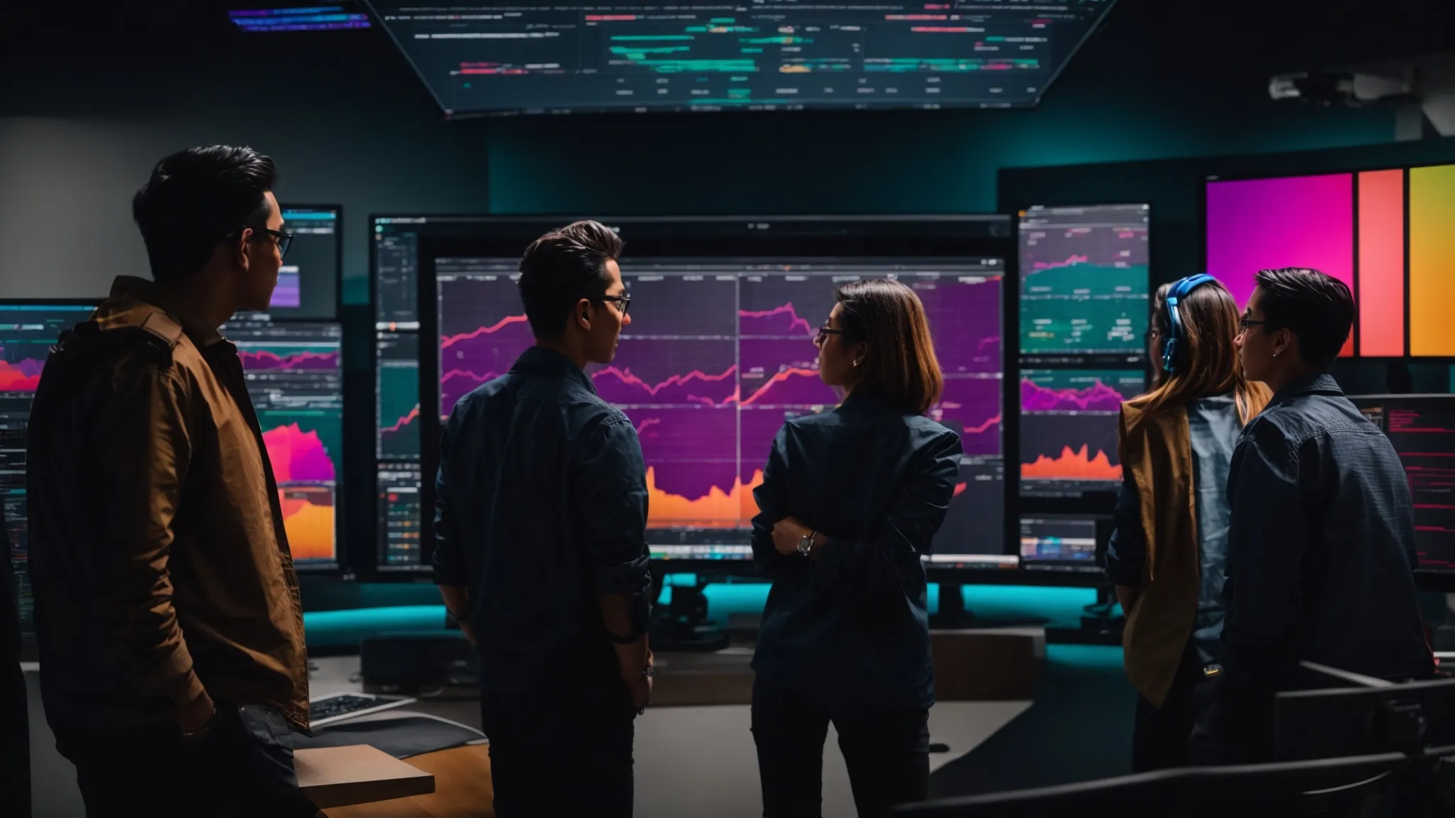 a team gathers around a large monitor, reviewing a colorful analytics dashboard that highlights their website's seo progress.