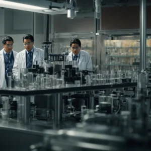 a group of scientists stands pondering over a complex experimental setup in a well-equipped laboratory, indicative of a moment of breakthrough.