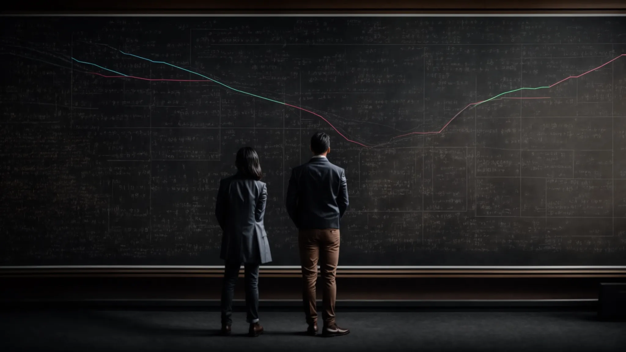 a person stands before a massive blackboard, crowded with graphs and mathematical equations that relate to daily life scenarios, pointing at a specific curve that models a budget constraint.