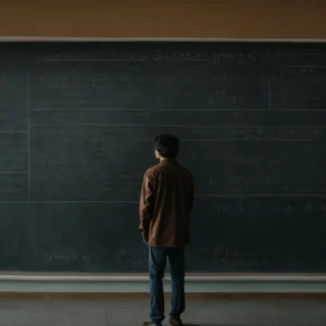 a student stands in front of a wide blackboard filled with simple linear equations, holding a piece of chalk.