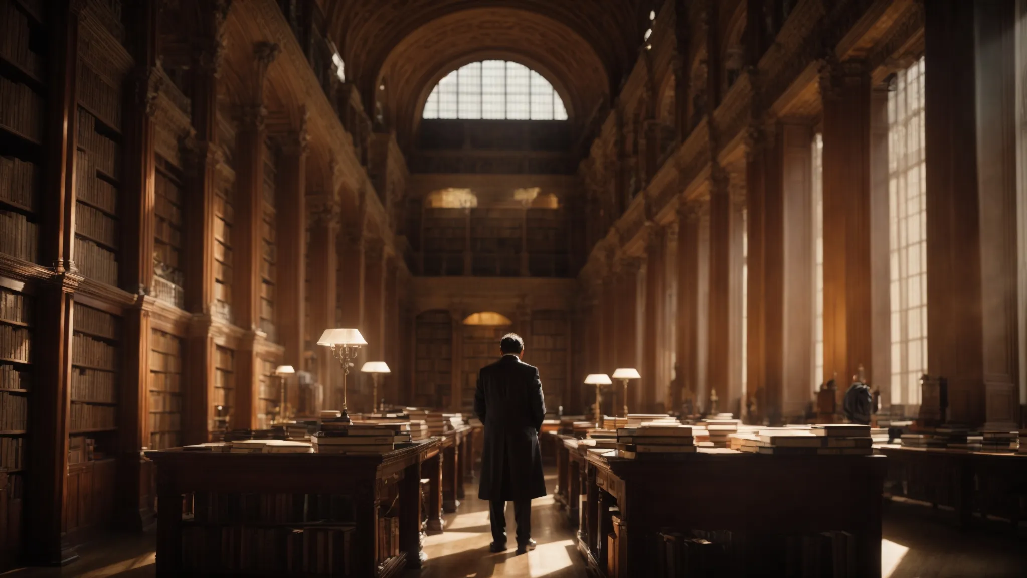 a scientist stands alone in a vast library, deeply engrossed in a large, ancient book, surrounded by the soft glow of natural light filtering through the windows.