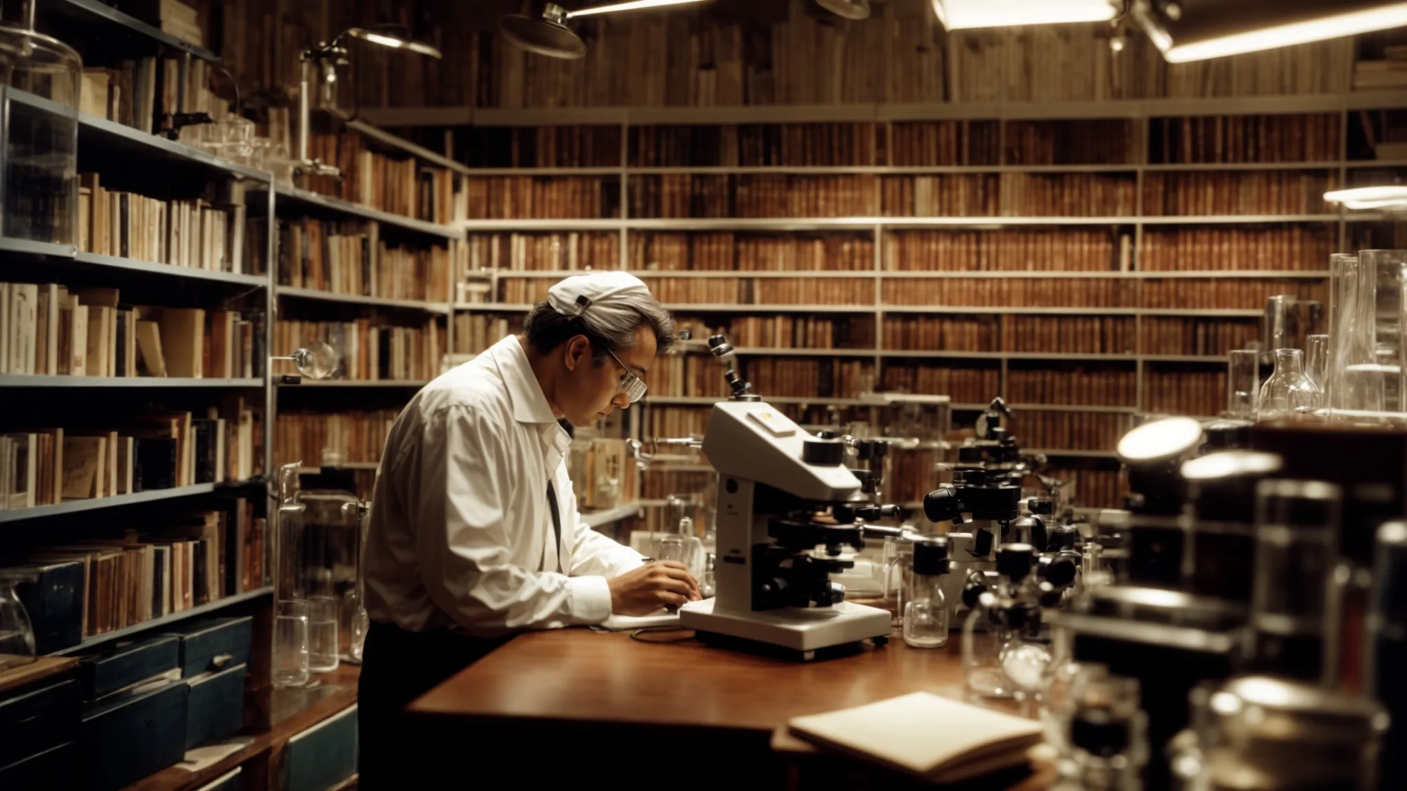 a pioneering scientist peers into a microscope in a sunlit laboratory, surrounded by shelves filled with books and glassware.