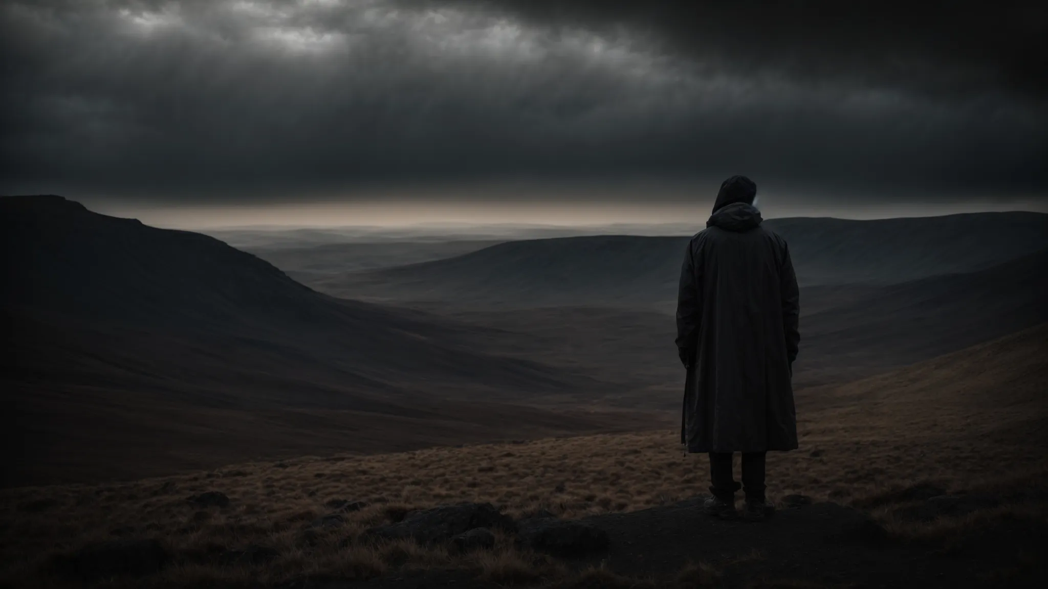 a solitary figure stands at the peak of a desolate landscape, gazing towards a horizon illuminated by a sliver of light between dark clouds, embodying the solitary journey of persistence and breakthrough.