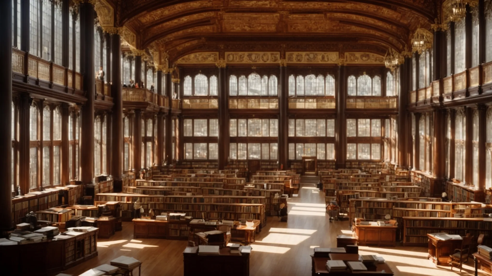 a panoramic view of a grand library with rows of books on politics, economics, law, and environmental studies illuminated by natural light filtering through large windows.