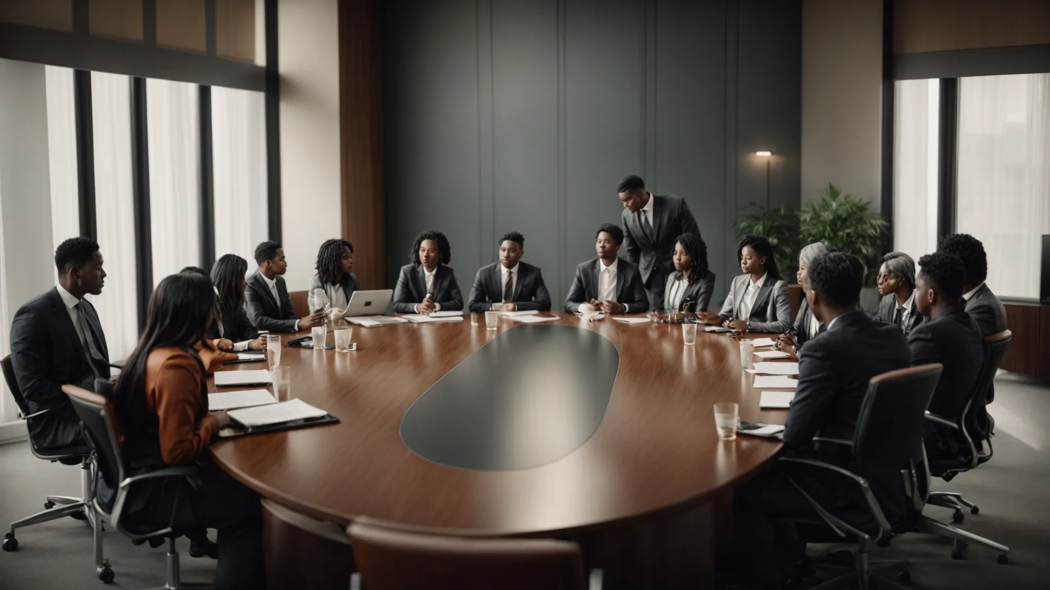 a diverse group of professionals sits around a large oval table, deeply engaged in discussion within an elegant conference room.
