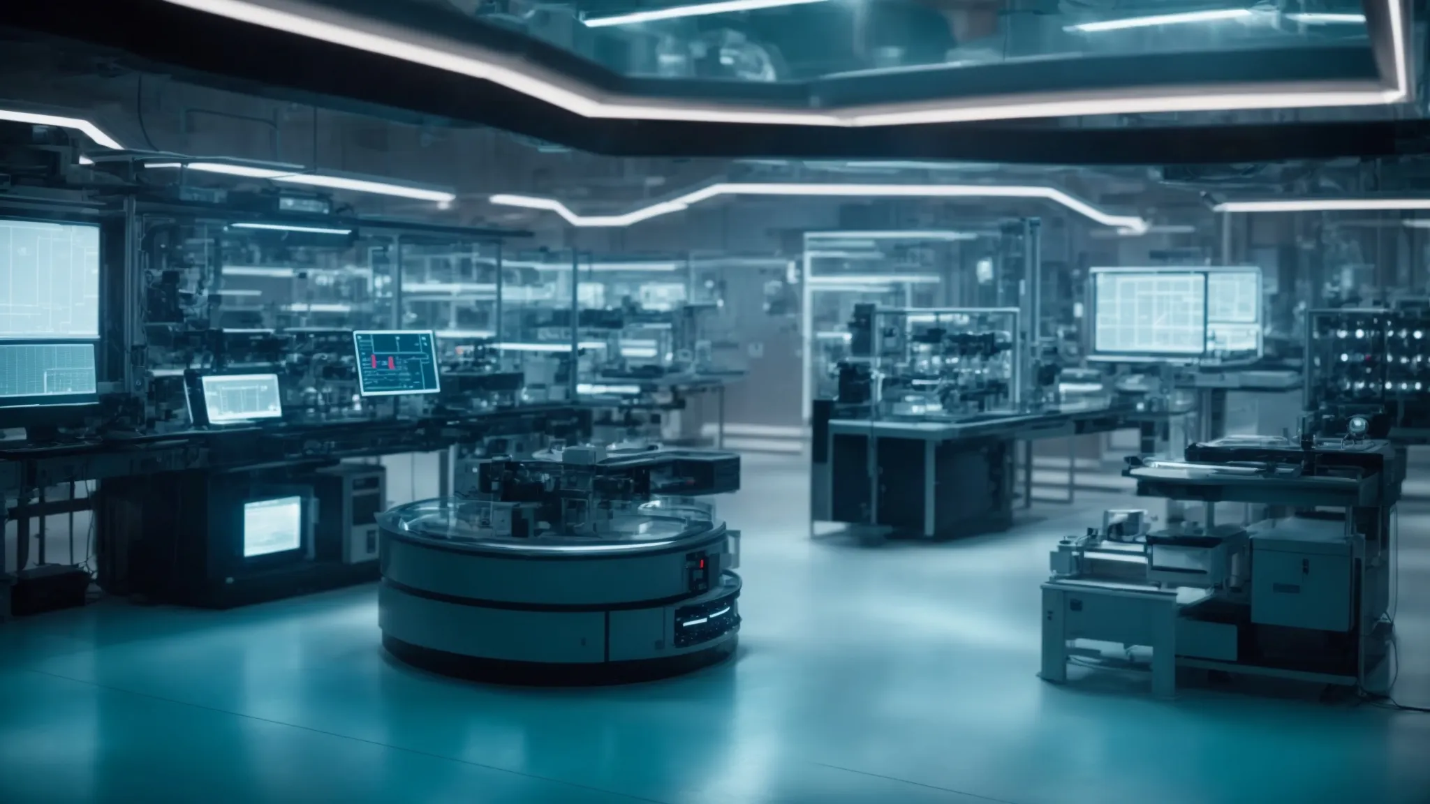 a futuristic laboratory filled with high-tech equipment and glowing screens, symbolizing the modern continuation of past scientific achievements.