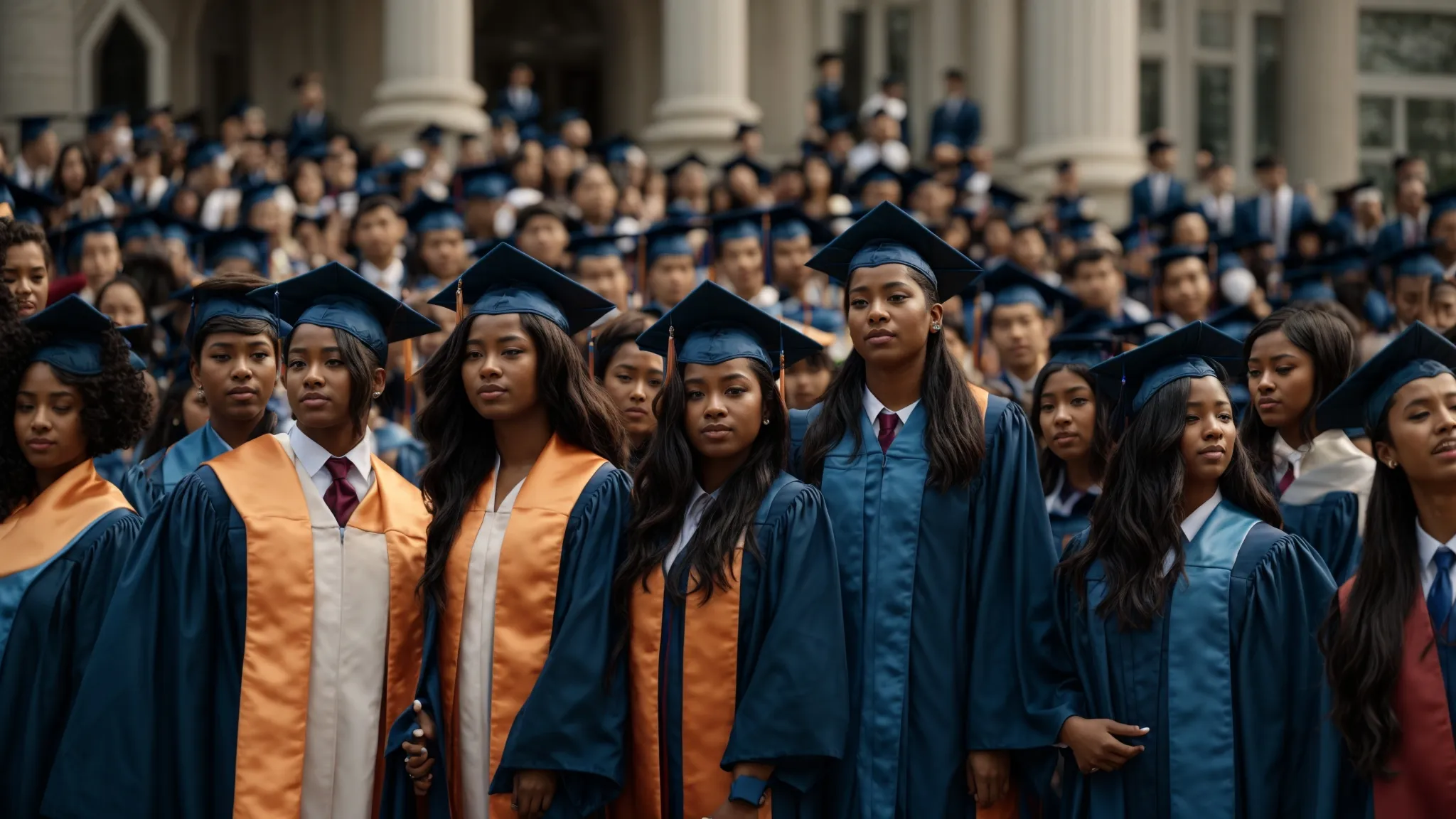a diverse group of graduates, wearing caps and gowns, stands united on a university campus, symbolizing the evolution of education among future political leaders.