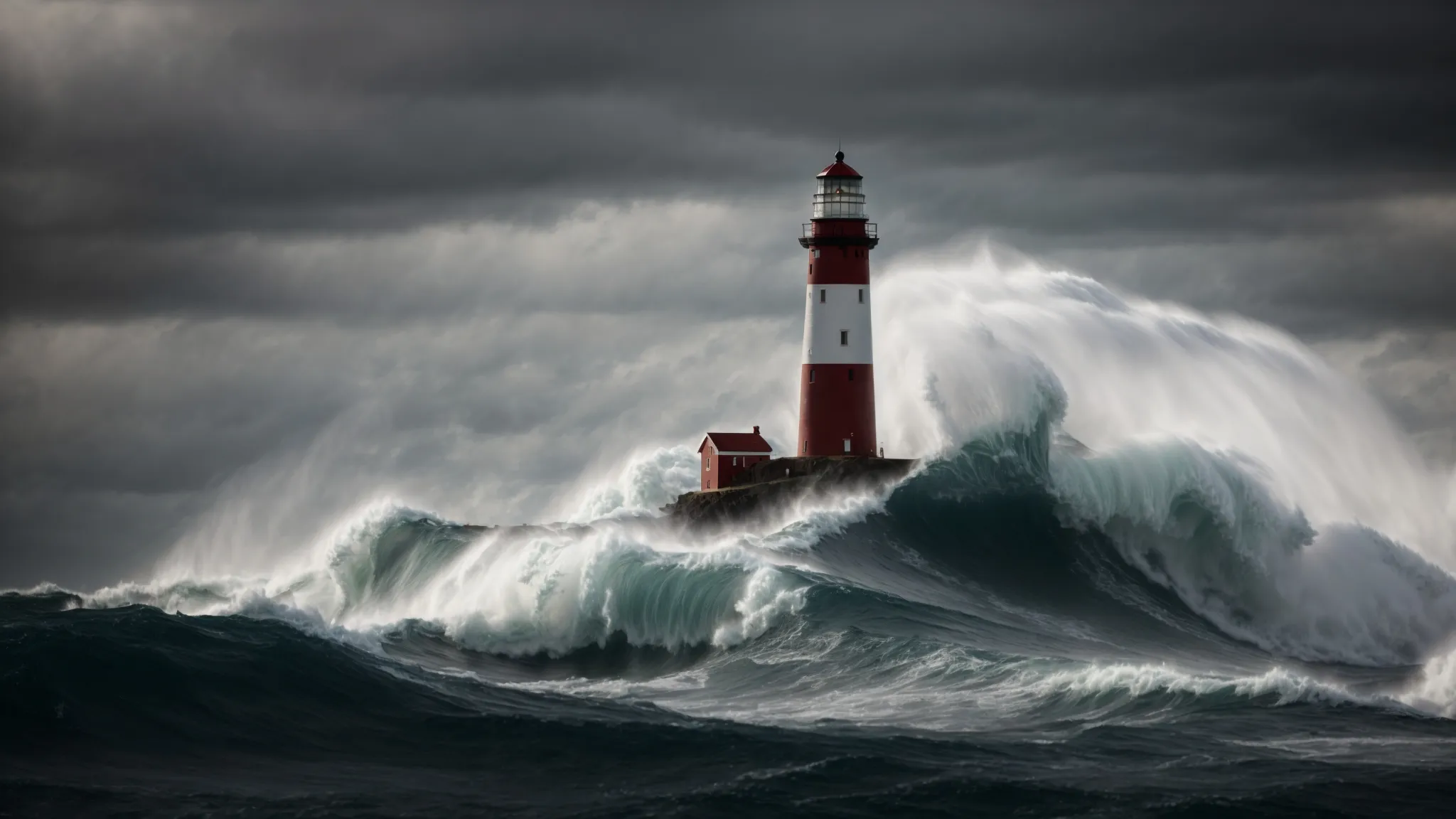 a towering lighthouse stands firm amidst a tumultuous sea, casting a guiding light over dark waves.