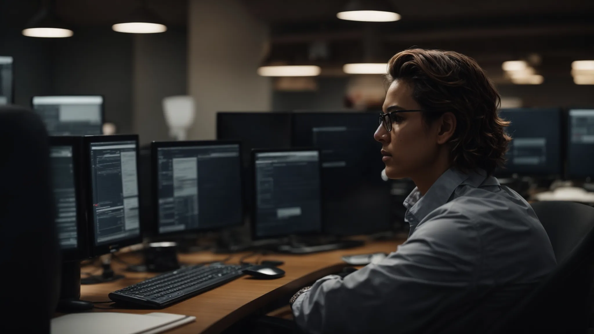 a professional sitting at a computer, navigating a digital marketing platform.