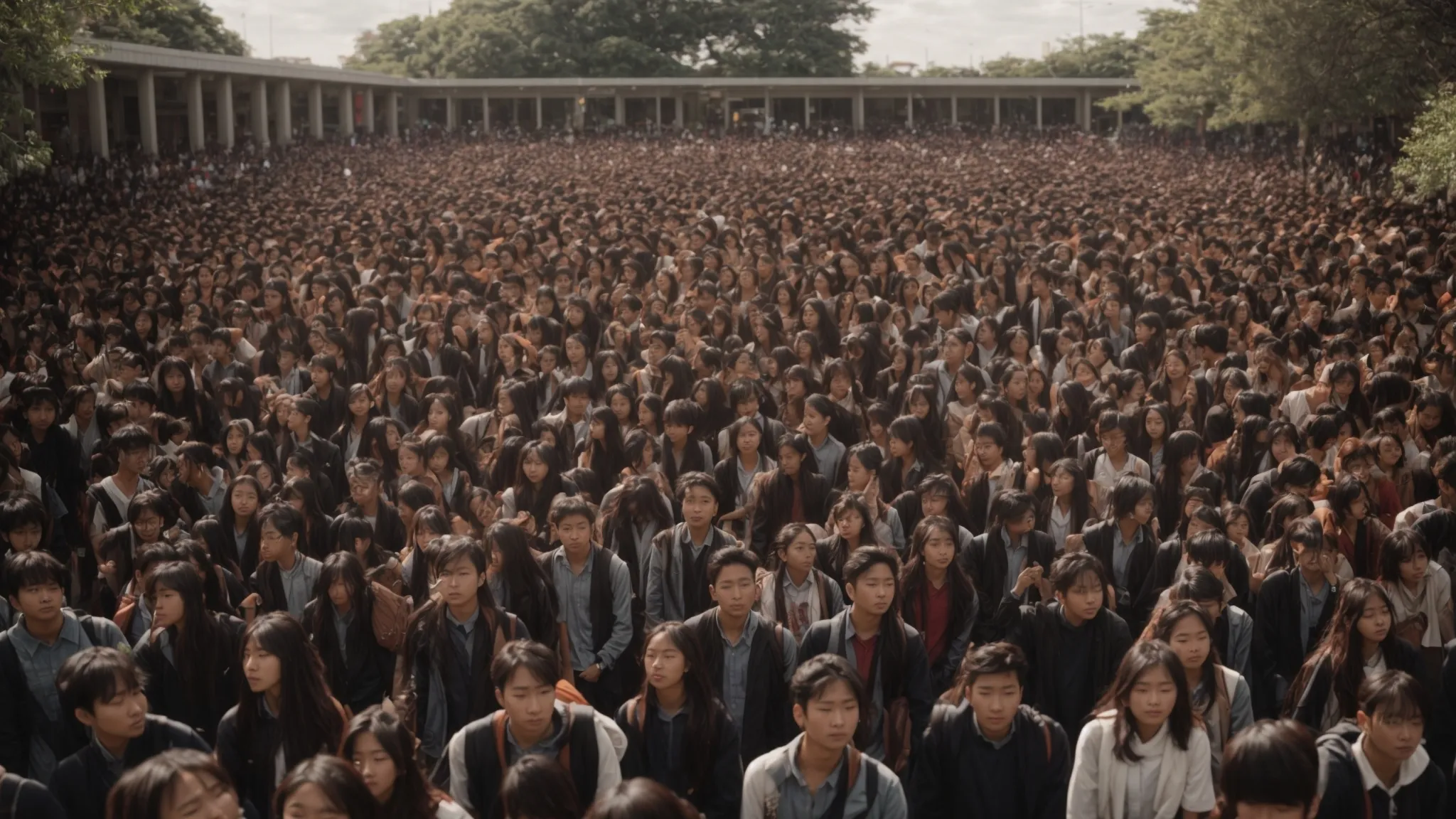 a sea of students gathered in a university courtyard, their faces animated with fervor under a clear sky.