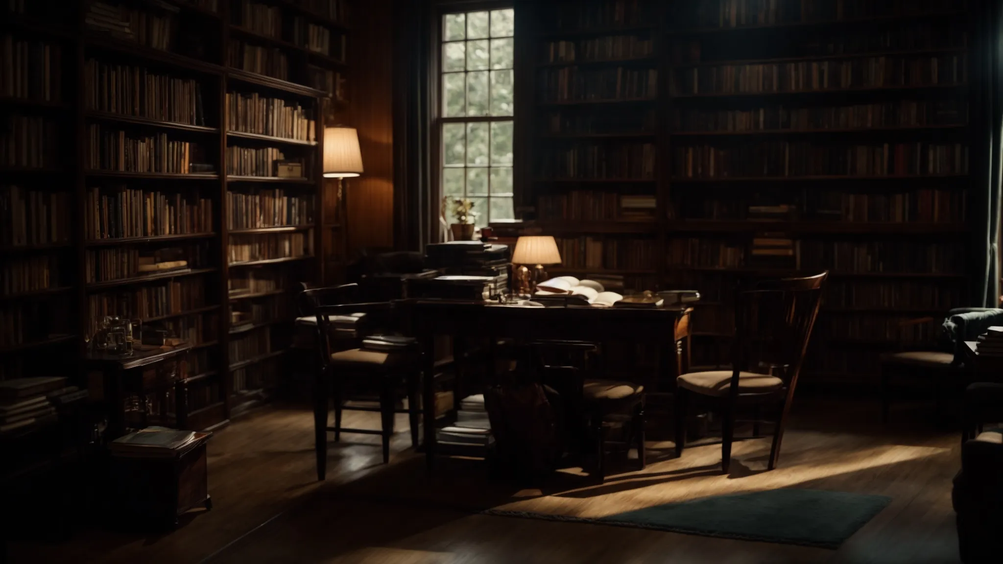 a dimly lit study filled with overflowing bookshelves and an unattended chessboard by the window, suggesting a moment of solitude and contemplation.