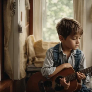 a humble childhood home with a young aspirational musician playing guitar by the window, dreaming of fame.