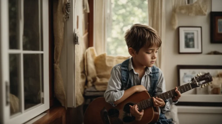 a humble childhood home with a young aspirational musician playing guitar by the window, dreaming of fame.